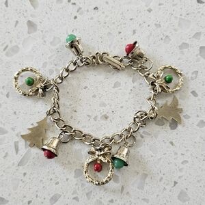 Vintage Festive Gold-Tone Charm Bracelet w/ Bells, Trees, and Wreaths
